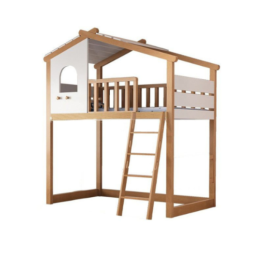 Rustic Mango Solid Wooden Loft Bed with Tinny House Style In Natural Finish