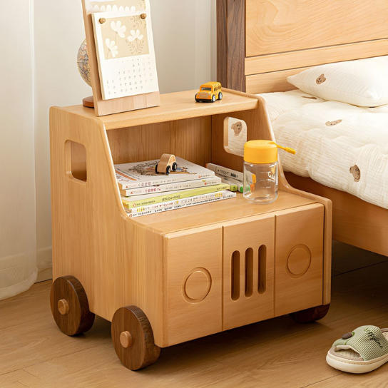 Rustic Mango Car Theme Natural Bedside Table Solid Wood Drawers Included for Children