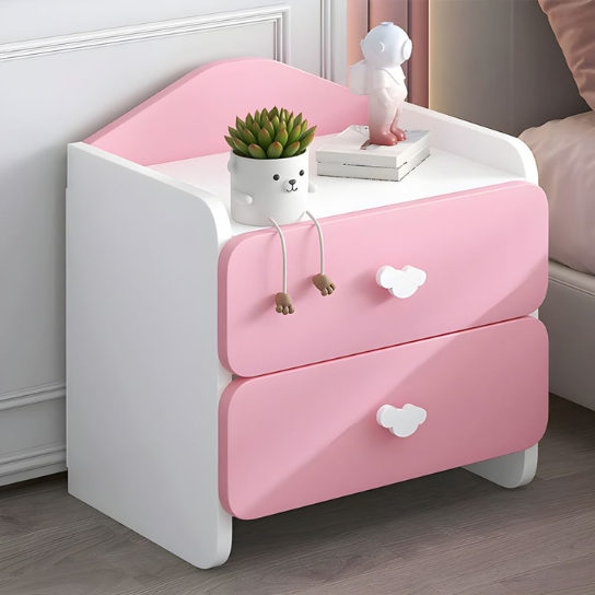 Rustic Mango Wooden Children's Bedside Table Modern with 2 Drawers - Pink