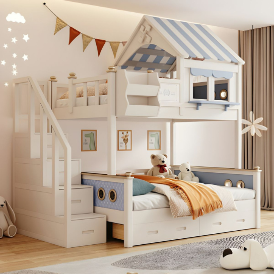 Rustic Mango Modern House Shape Children\\\'s Upper and Lower Bunks Wooden in White