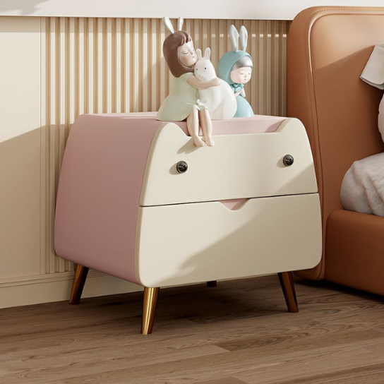 Rustic Mango Cartoon Theme Leather Children's Bedside Table with Drawers and Golden Legs