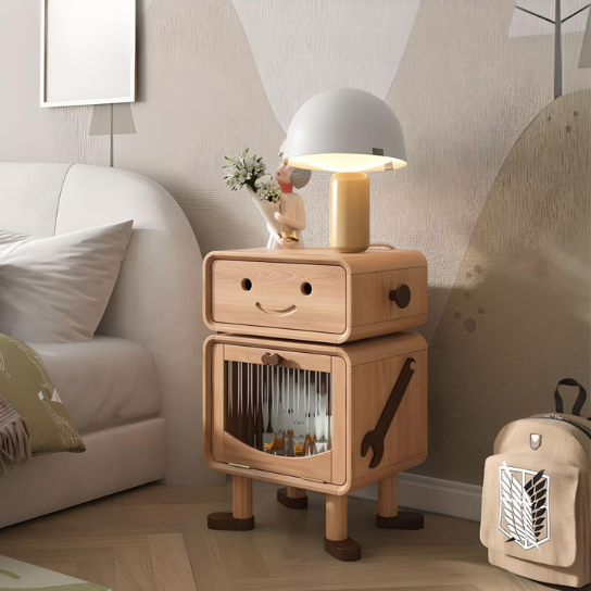 Rustic Mango Glass Storage Cabinet Included Children's Bedside Table Robot Theme in Natural