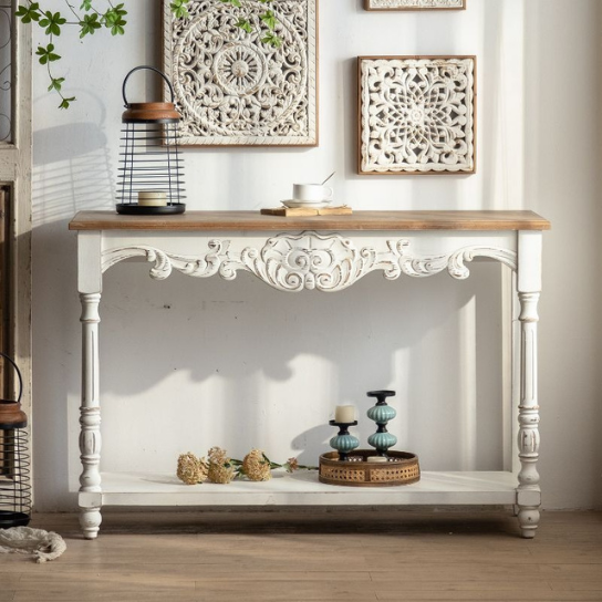 Rustic Mango Indian Console Table with Natural Top With White Finish