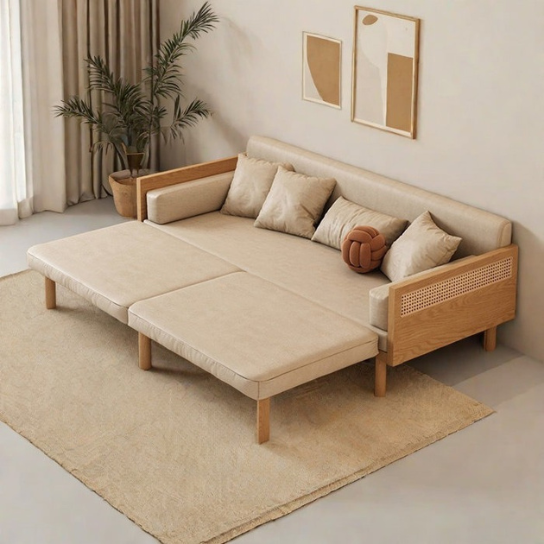 Rustic Mango Solid Wooden Sofa Cum Bed In Natural With Cane Finish